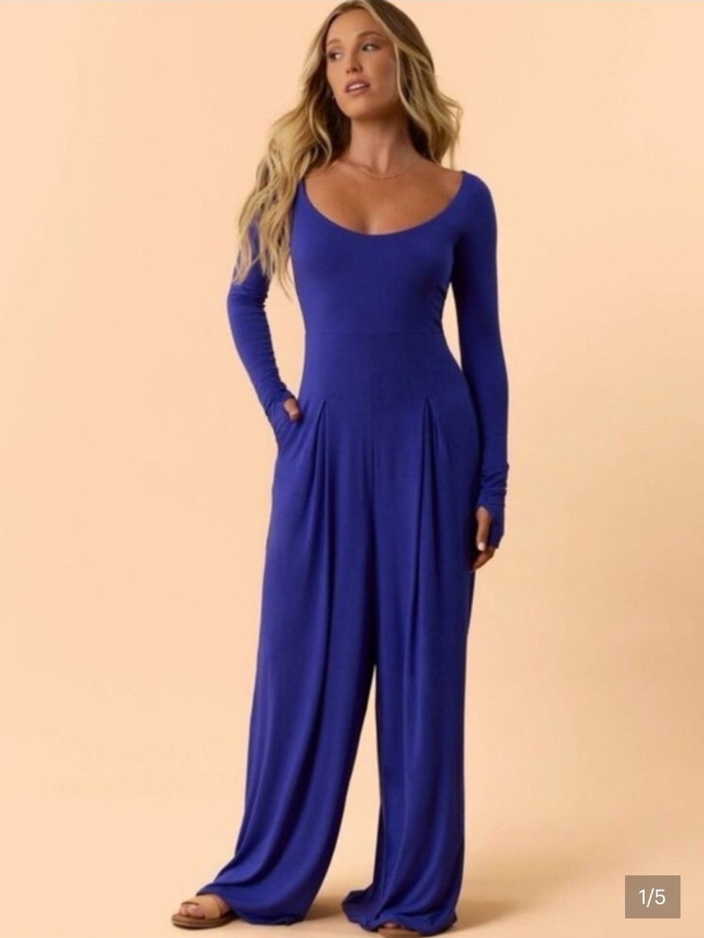 NWOT Blogilates Long Sleeve Scoop-Neck Wide-Leg Jumpsuit - Blue